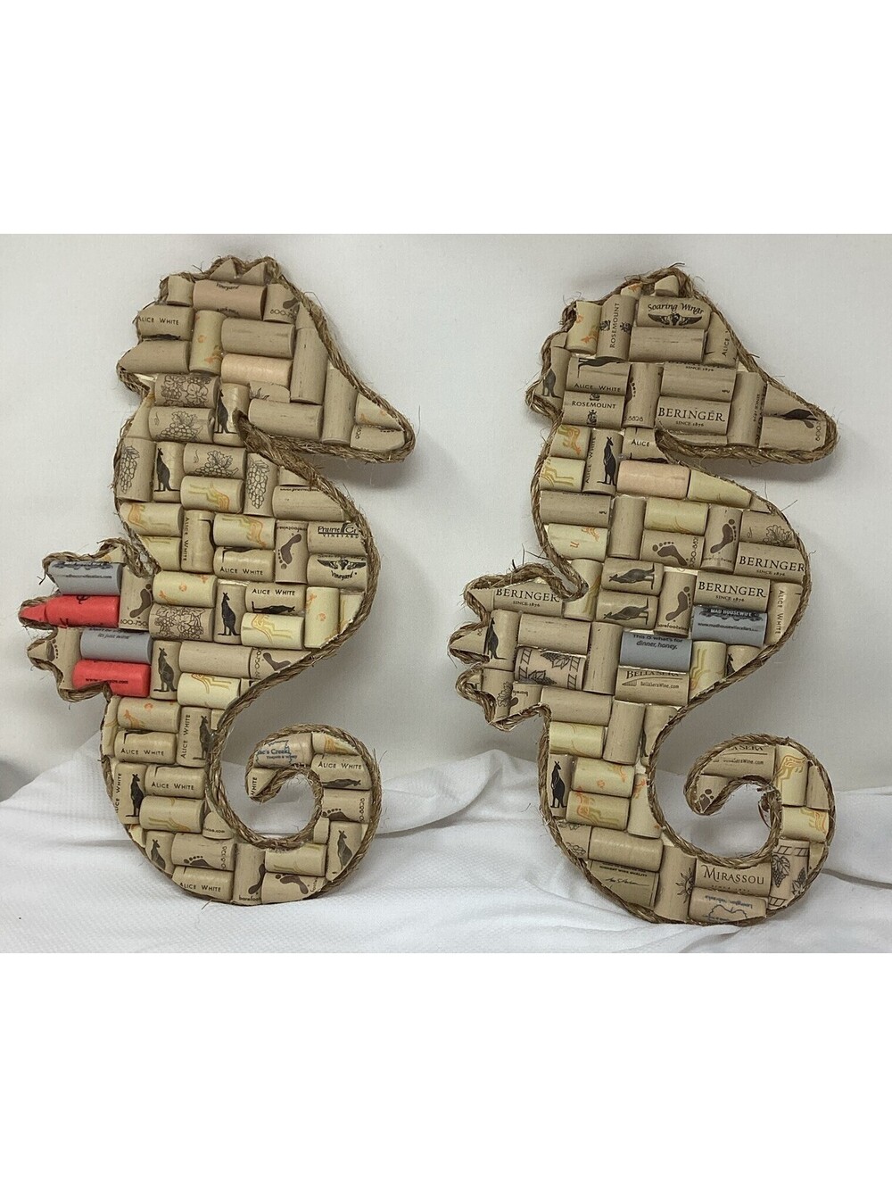 Handmade Seahorse Wine Cork Wall Hanging Set of 2 Rustic Coastal Nautical Decor
